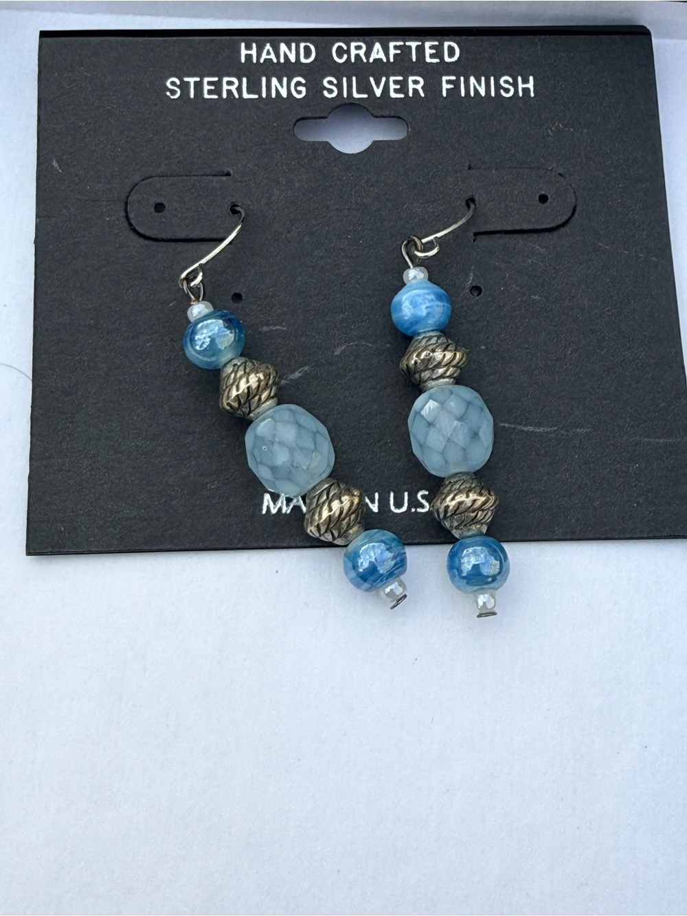 Blue & Light Blue Bead Silver-Tone Drop Earrings